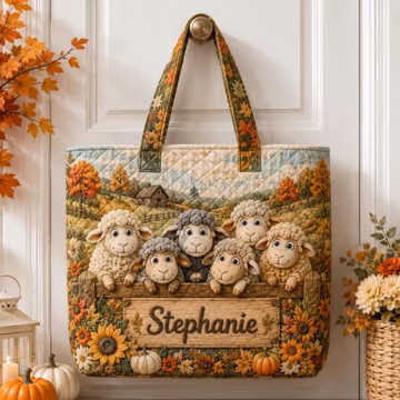 Personalized Fall Quilted Tote Bag, Custom Name Sheep Tote Bag, Autumn Farm Animal Bag, Sunflower Pumpkin Tote, Gift for Her ARD-3FZ38