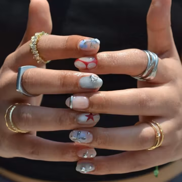 Extra Short Summer Press On Nails, Extra Round Shape Handmade Gel Nails, Cateye Nails, Summer Nails, Extra Short Nails, Summer Short Nails