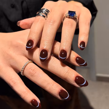 Short Almond Brown and Blue Line Handmade Press On Nails, Handmade Gel Nails, Girl Gift, Wedding Nails