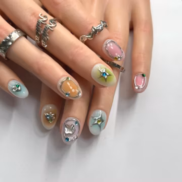 Colourful Chrome Extra Short Nails, Extra Short Round Nails, Super Short Nails, Handmade Press-On Nails, Summer Nails, Pattern Nails