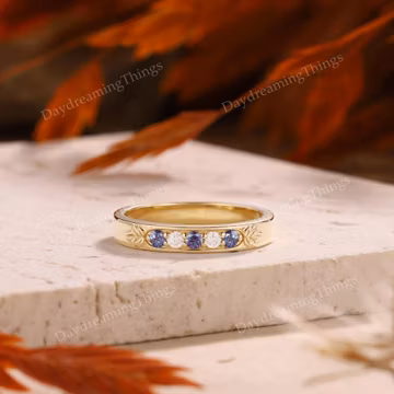 Nature Inspired Alexandrite Leaf Wedding Band | Alexandrite Wedding Ring Handmade Matching Rings Yellow Gold Promise Rings for Women