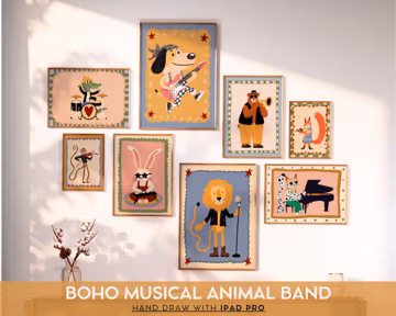 Boho Musical Animal Posters Set Retro Folk Nursery Wall Art Kids Room Decor Playroom Print Whimsical Music Band Artwork Montessori Style