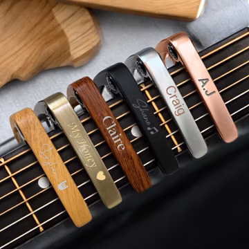Personalized Metal Guitar Capo Engraved with Name - Fathers Gift for Dad - Music Gift for Dad Custom Capo with Wood Grain