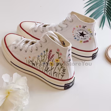 Wildflower Embroidered Converse 1970s – Hand-Embroidered Wedding Sneakers with Colorful Floral Details