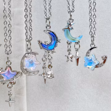 Star Moon Y2K Necklace, Blue Star Y2K Necklace, Gradient Pendant Y2K Necklace, Punk Adjustable Necklace, 2000s Silver Necklaces