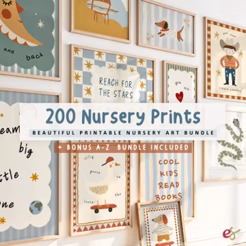 Bundle of 200 Nursery Room Prints, Playroom Prints, Boy Nursery Wall Art Set, Playful Animal Prints, baby Room Decor, Kids Room Wall Art