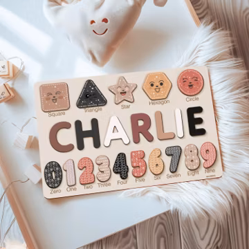 Personalized Name Puzzle with Shapes and Numbers, Custom Birthday Gift for Kids, Christmas Gifts for Toddler, Unique New Baby Gift, Wood Toy