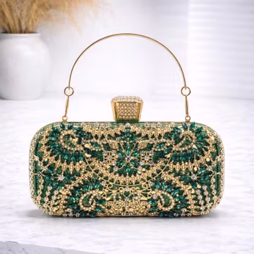 Emerald Green Crystal Clutch, Rhinestone Evening Bag, Gold Wedding Purse
