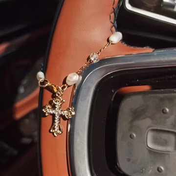 Gold Cross Steering Wheel Charm Hanging, Jesus Christ Cross Car Charm Accessory, Car Rearview Mirror Charms Beads Charms