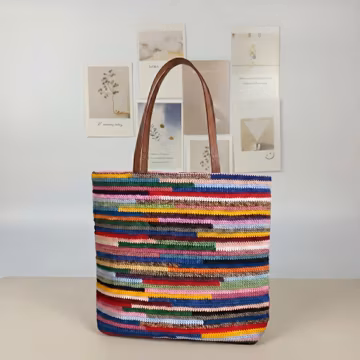 Crochet Shoulder Bag, Knit Multicolor Horizontal Striped Cotton Purse, PU Leather Strap, Custom Name on Bag, Back to school, Halloween bag