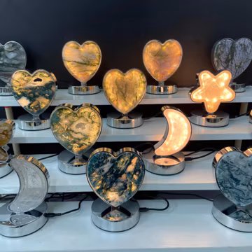 Crystal Lamp Night Light, Moss Agate Rose Quartz Labradorite Clear Quartz Lamp, Moon Star Heart Shape, Touch Control Dimmable USB-C Light