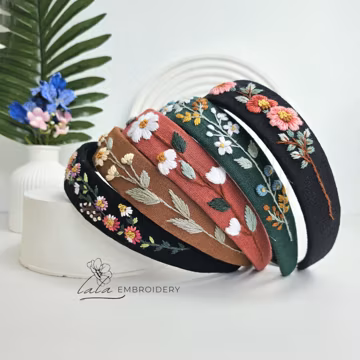 Hand Embroidered Linen Headband: Floral Bachelorette Hair Accessory