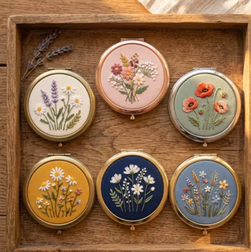 Wild Flower Embroidered Compact Mirror: Floral Pocket Hand-Embroidery Gift
