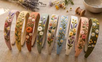 Hand Embroidered Linen Headband: Floral Bachelorette Hair Accessory, Flower Daisy Embroidery Gifts for Mom