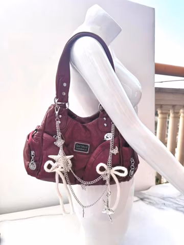 Y2K Red Y2K Handmade Bow Tie Crossbody Bag Commuter Hot Girl Shoulder Bag Super Cute PU Leather Crossbody Bag With Removable Star Chain