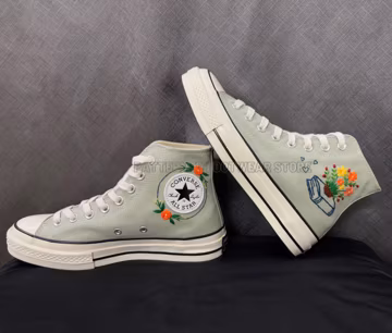 Embroidered Converse High Tops, Books and Flowers, Custom Mint Sneakers