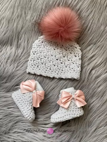 Newborn girl beanie, matching boots, pom pom newborn girl hat, photography prop, baby shower gift, ready to ship