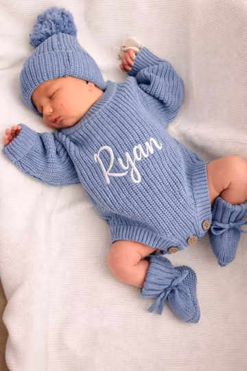 Embroidered Name Baby Knit Romper Set, Personalized Outfit, Baby Boy Baby Girl Romper, Newborn Coming Home Outfit, Gender Neutral Gift