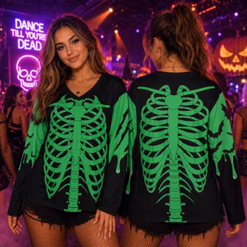 Halloween Green Skeleton Hockey Jersey, Spooky Ribcage Bones Shirt, Slime Drip Horror Movie Team Shirt, Halloween Party Outfit For Men Women