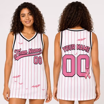 Custom Breast Cancer Awareness Basketball Jersey, Personalized Pink Ribbon Name Number Shirt, Spooky Pink Bats Halloween Party Tank Top Gift
