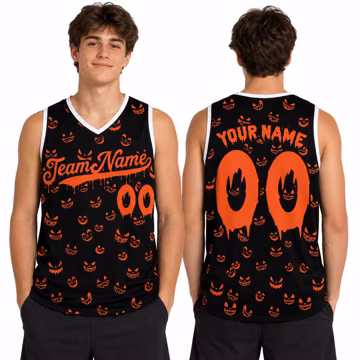 Personalized Halloween Basketball Jersey, Custom Pumpkin Spooky Face Name Number Shirt Dripping Team Apparel Spooky Game Day Party Tank Gift