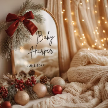Cozy Christmas Mirror Bow Pregnancy Announcement | Holiday Baby Reveal | Editable Canva Template