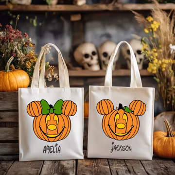 Personalized Halloween Disney Tote Bag, Custom Name Halloween Tote Bag, Trick Or Treat Tote Bag, Mickey and Minnie Tote Bag, Kids Tote Bag