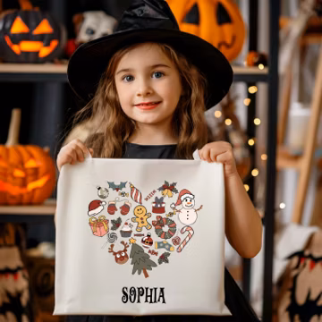 Personalized Trick or Treat Tote Bag, Custom Name Halloween Bag, Custom Kids Candy Bag, Heart Halloween Tote Bag, Kids Halloween Tote Bag