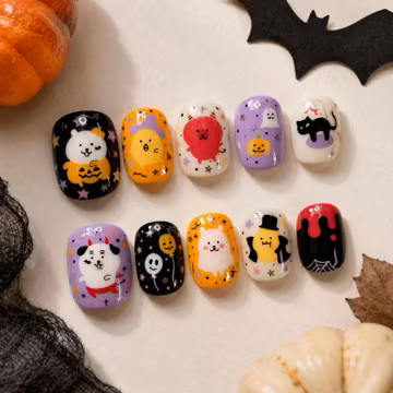 Ghost Press On Nails/ Cute Spooky Nails/ Cartoon Press Ons/ Kawaii Halloween Character Nail Art/ Black Cat Short Square Set
