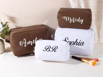 Embroidered Waffle Cosmetic Bag, Personalized Waffle Makeup Bag, Custom Embroidered Toiletry Pouch, Bridesmaid Gift Bag, Bridesmaid Gift