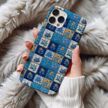 Patchwork Phone Case, Blue Floral Quilt iPhone 17 Plus Pro Max Case, Vintage Retro Samsung Galaxy S25 Ultra Phone Case, Google Pixel 9 Case