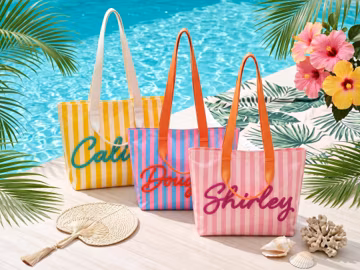 Personalized PVC Beach Bag, Custom Name Striped Tote, Waterproof Pool Bag, Colorful Summer Vacation Bag for Women and Girls
