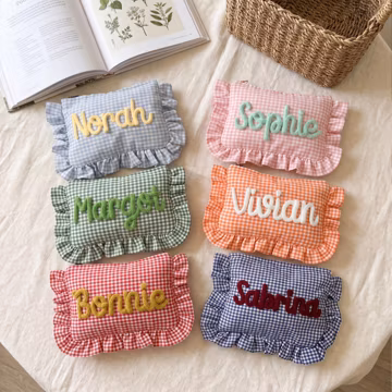Personalized Gingham Ruffle Makeup Bag Chenille Patch Custom Name Cosmetic Pouch, Bridesmaid Gift Toiletry Bag, Gift for Women