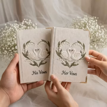 Lily of the Valley Wedding Vow Books, Embroidered Swan Heart Vow Journals, White Floral Wedding Stationery, His and Her Vows Notebooks