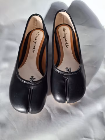 Handmade Black Leather Tabi Flats: Vintage Split Toe Ballet Shoes