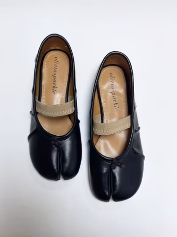Handmade Black Leather Tabi Flats: Split Toe Mary Janes