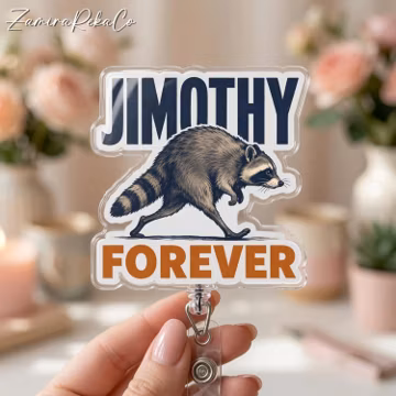 Jimothy Forever Raccoon Badge Reel, Funny Trash Panda Retractable ID Holder, Nurse Teacher Coworker Gift