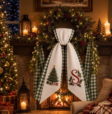 Personalized Christmas Wreath Sash, Embroidered Monogram Door Bow, Linen Holiday Wreath Bow, Farmhouse Christmas Decor Gift
