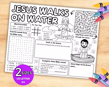 Jesus Walks On Water Bible Activity Placemat, Christian Sunday School Lesson, Kids Ministry Bible Games, Bible Coloring Pages, Church Games