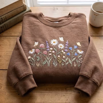 Embroidered Wildflower Vintage Sweatshirt, Retro Floral Botanical Top