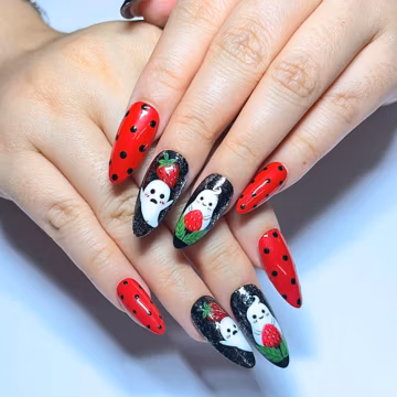 Sweet Halloween Medium Almond Press On Nails, Handmade 3D Strawberry Ghost Nail Set