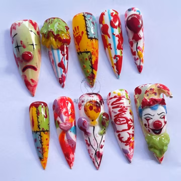 Creepy Clown Halloween Press On Nails, Long Stiletto Nails, Handmade Bloody Horror Nail Art, Scary Fake Nails for Cosplay, Spooky Party Look