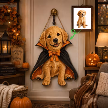 Custom Pet Portrait Wooden Sign, Personalized Halloween Pet Door Hanger, Custom Shape Halloween Decor, Halloween Cat Vampire Bat Wooden Sign