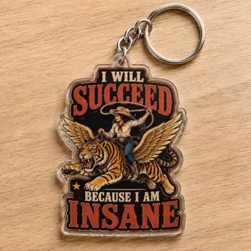 I Will Succeed Because I Am Insane Keychain, Two Sided Cowgirl Tiger Keychain, Funny Feminist Gift with Box and Greeting Card