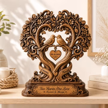 Custom Couple Heart Birds 2D Wooden Block, Tree of Love Plaque, Rustic Wedding Gifts, Anniversary Keepsake, Couple Gift, Romantic Home Decor