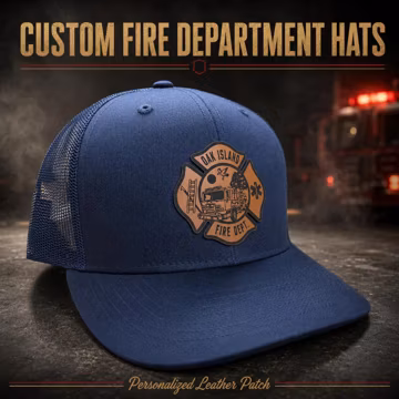 Custom Fire Department Hat, Personalized Leather Patch Richardson 112 Trucker Cap