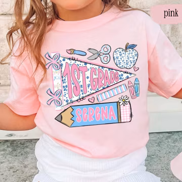 First Day of First Grade Shirt for Girls, Back To School Girl Shirt, Personalized Name Flag Shirt, Pennant School Shirt, 1st Grade Kid Shirt