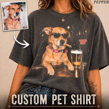 Custom Dog Photo Shirt Comfort Colors, Personalized Pet Portrait Tee, Custom Dog Drinking Beer Shirt, Pet Lover Gift, Pet Memorial Gift