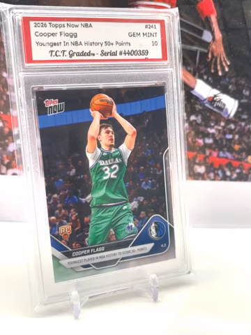 Cooper Flagg NBA HISTORY 50+ Points 2025 Topps Now NBA #241 Rookie Card T.C.T. Graded Gem Mint 10 with Stand