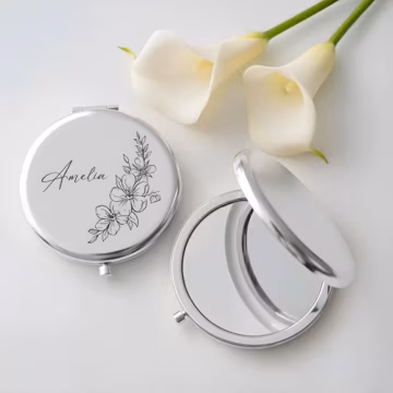 Custom Engraved Compact Travel Makeup Mirror – Personalized Pocket Mirror with Name or Birth Flower Bridesmaid Proposal - Wedding Party Gift